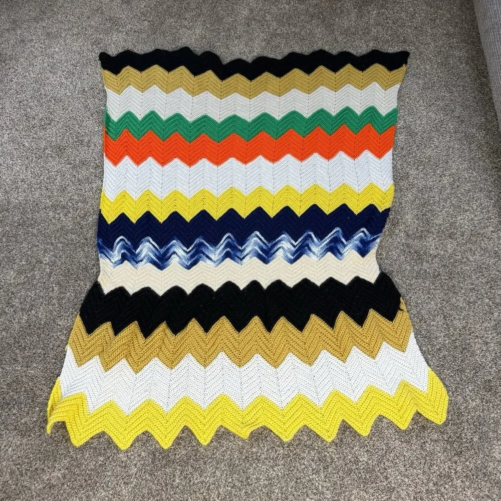 Handmade Vintage Crochet‎ Afghan Blanket Zig Zag Multi Color 67x52